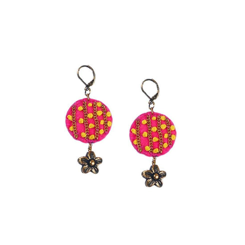 Pink Chain Earrings with Yellow French Knots