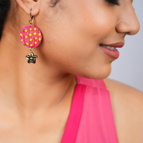 Pink Chain Earrings with Yellow French Knots