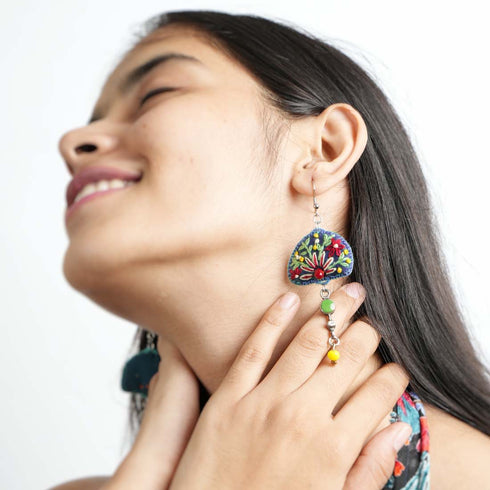 Blue Embroidered Earrings with Hanging Metal Loop