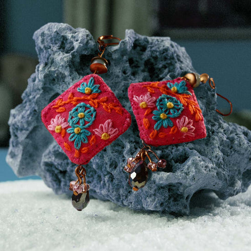 Pink Floral Square Earrings with Tear Drop Crystal Beads