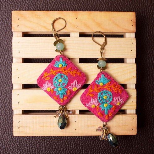 Pink Floral Square Earrings with Tear Drop Crystal Beads