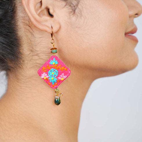 Pink Floral Square Earrings with Tear Drop Crystal Beads