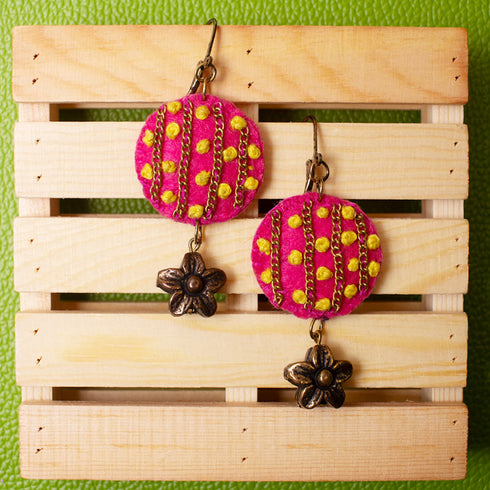 Pink Chain Earrings with Yellow French Knots