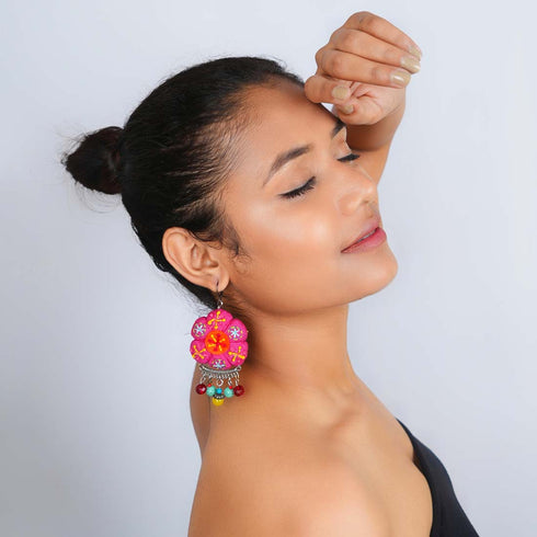 Pink Big Ball Floral Earrings