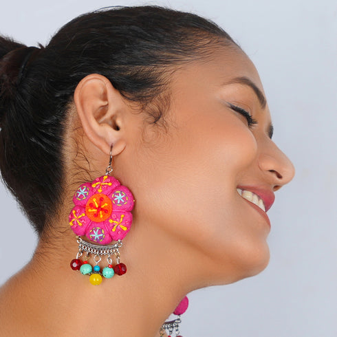 Pink Big Ball Floral Earrings