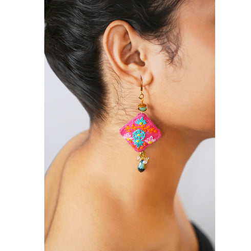 Pink Floral Square Earrings with Tear Drop Crystal Beads