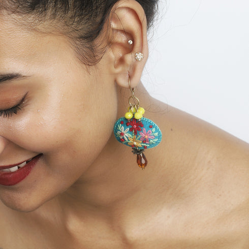 Four Flower Oval Earrings with Tear Drops