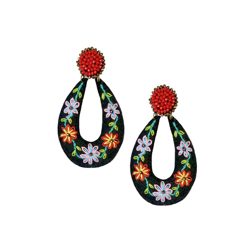 Black Oval Floral Multicolor Earring