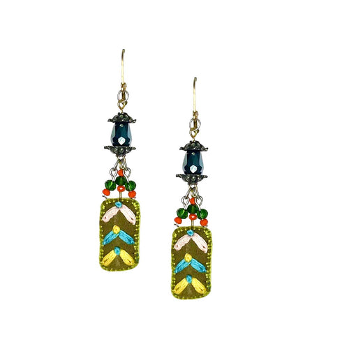 Olive Rectangular Embroidered Earrings with Crystal Beads