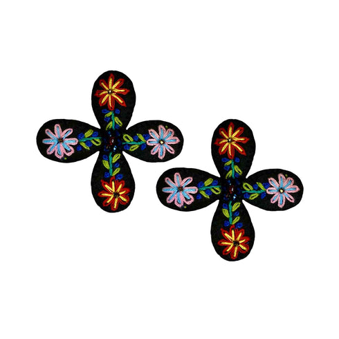 Black Four Petal Earrings with Crystal Beads