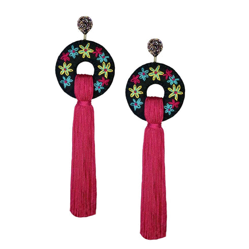 Black Circle Floral Earrings with Pink Tassel
