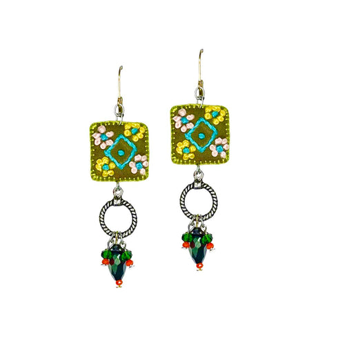 Olive Square Embroidered Earrings with Crystal Beads