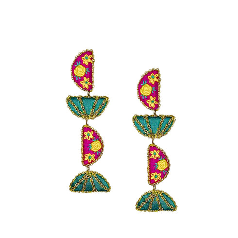 Semi-Circle Embroidered Flower Earrings with Chains