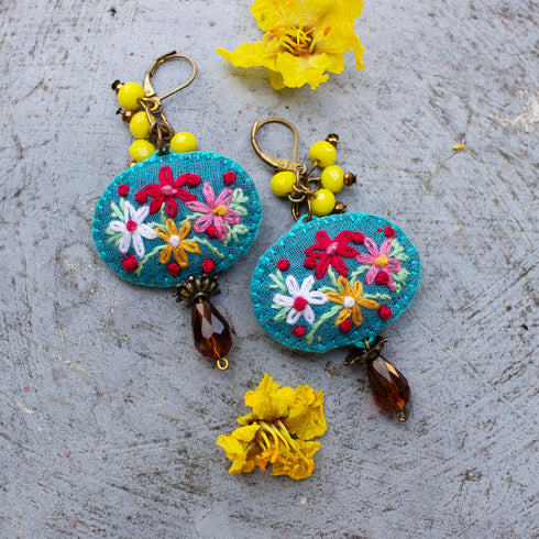 Four Flower Oval Earrings with Tear Drops