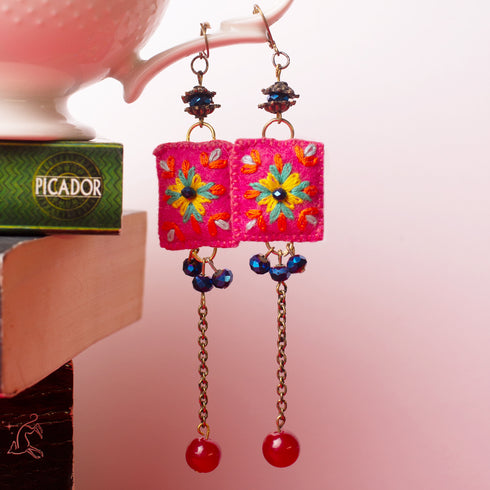 Pink square Earrings with Long Chain