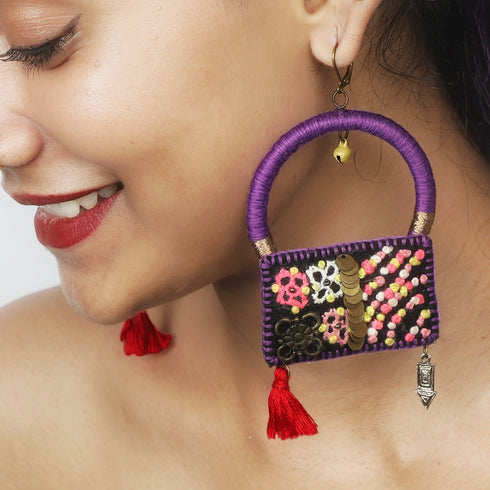 Rectangular Embroidered Earrings with Tassel, Golden Discs and Thread Rings