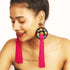 Black Circle Floral Earrings with Pink Tassel