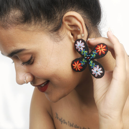 Black Four Petal Earrings with Crystal Beads