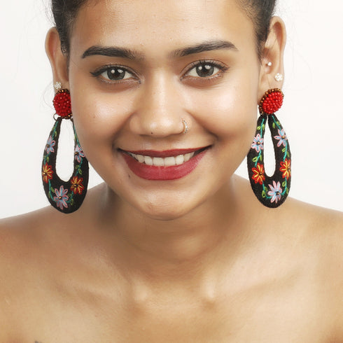 Black Oval Floral Multicolor Earring