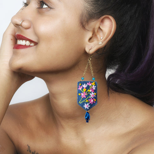 Blue Rectangle Tear Drop Earrings with Crystal Beads