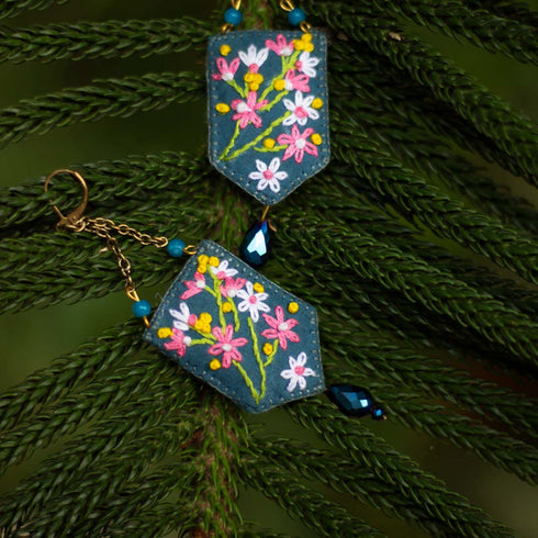 Blue Rectangle Tear Drop Earrings with Crystal Beads