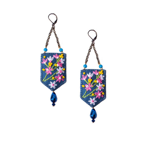 Blue Rectangle Tear Drop Earrings with Crystal Beads