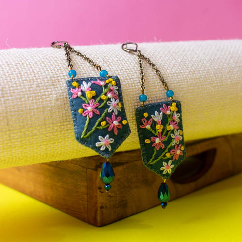 Blue Rectangle Tear Drop Earrings with Crystal Beads