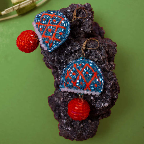 Blue Dome Shaped Orange Ball Earrings