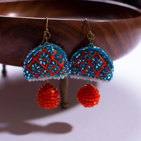 Blue Dome Shaped Orange Ball Earrings