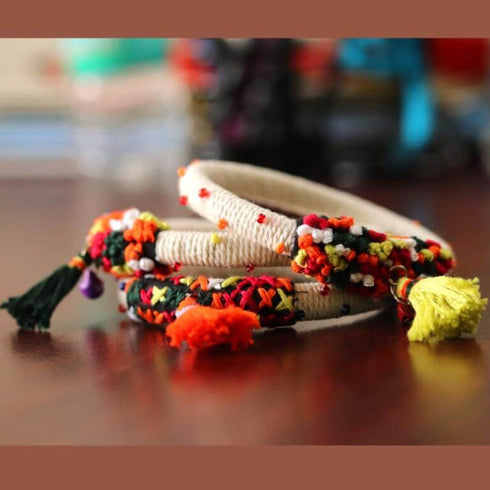 Off White Embroidered Bangle with Multicolored knots