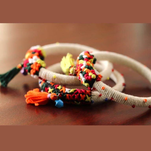Off White Embroidered Bangle with Multicolored knots