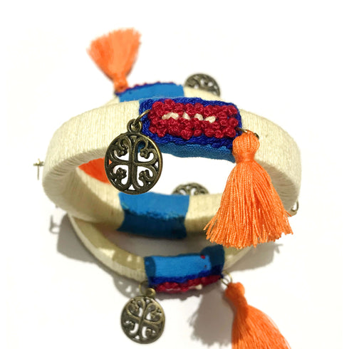 Off White French Knot Bangles with Orange Tassels