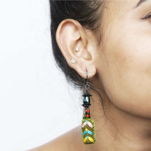 Olive Rectangular Embroidered Earrings with Crystal Beads