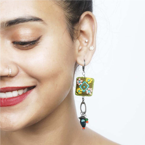 Mismatch Squarec Olive Green Earrings with Crystal Beads