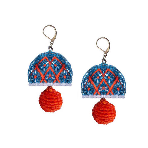 Blue Dome Shaped Orange Ball Earrings