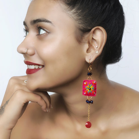 Pink square Earrings with Long Chain