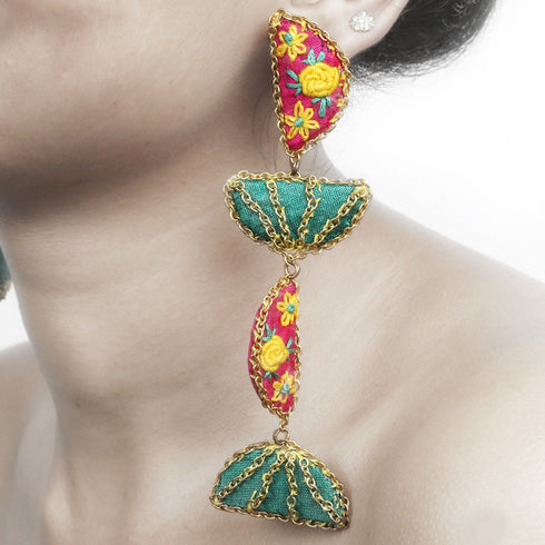 Semi-Circle Embroidered Flower Earrings with Chains