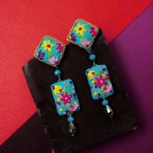 Turquoise Square Earrings with white Tear Drop Crystal Beads