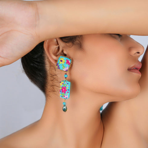 Turquoise Square Earrings with white Tear Drop Crystal Beads