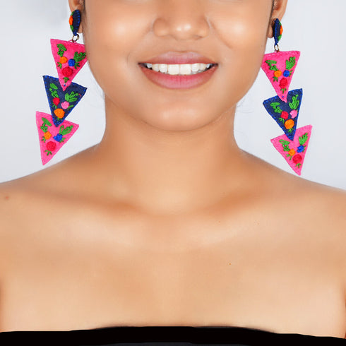 Pink and Blue Three Floor Triangular Earrings