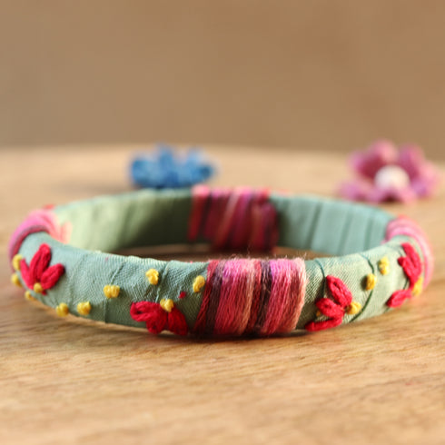 Green Bangle Red Flowers and Multicolored Strap