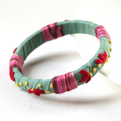 Green Bangle Red Flowers and Multicolored Strap