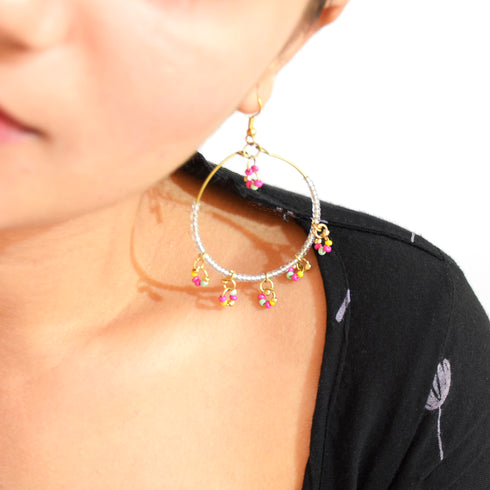 Metal Loop Earrings with Multicolor Beads
