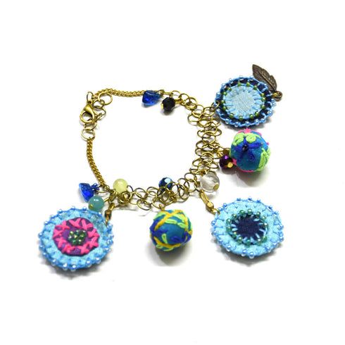 Sky Blue Fabric Bracelet with Round Trinklets
