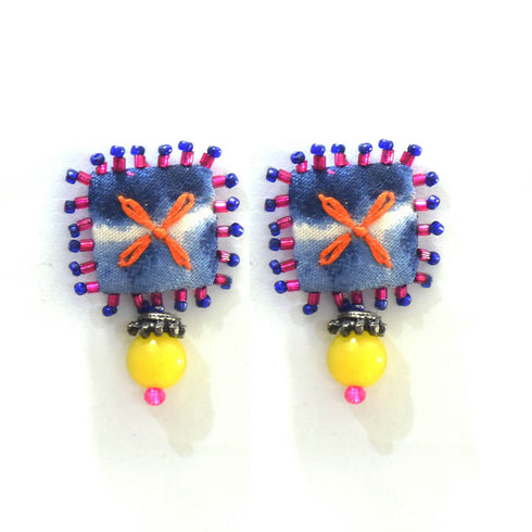 Indigo Fabric Square Beaded Earrings