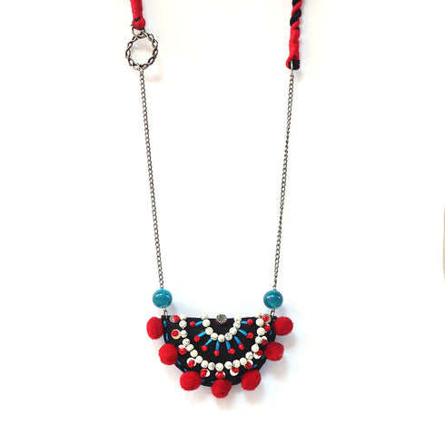 Black Half Moon Pompom Beaded Necklace
