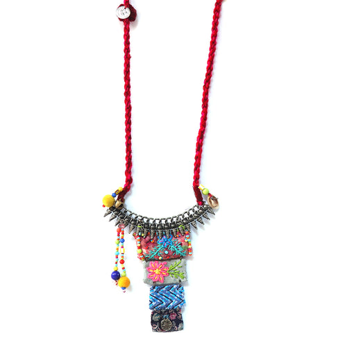 Metal Spikes Necklace with Embroidered Fabric