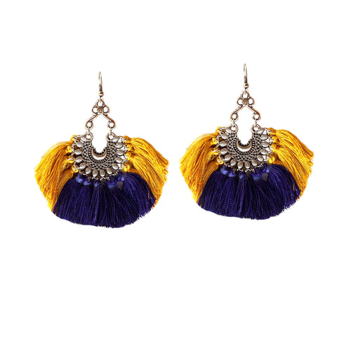 Chandbali Blue Yellow Tassel Earrings