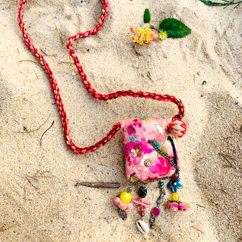 Pink Fabric Printed Floral Necklace