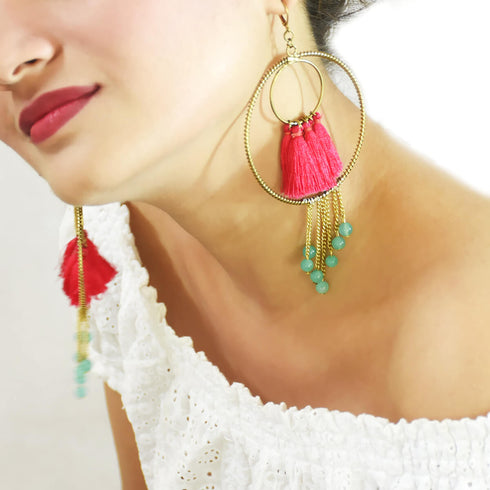 Red Tassel Metal Double Hoopla Earrings